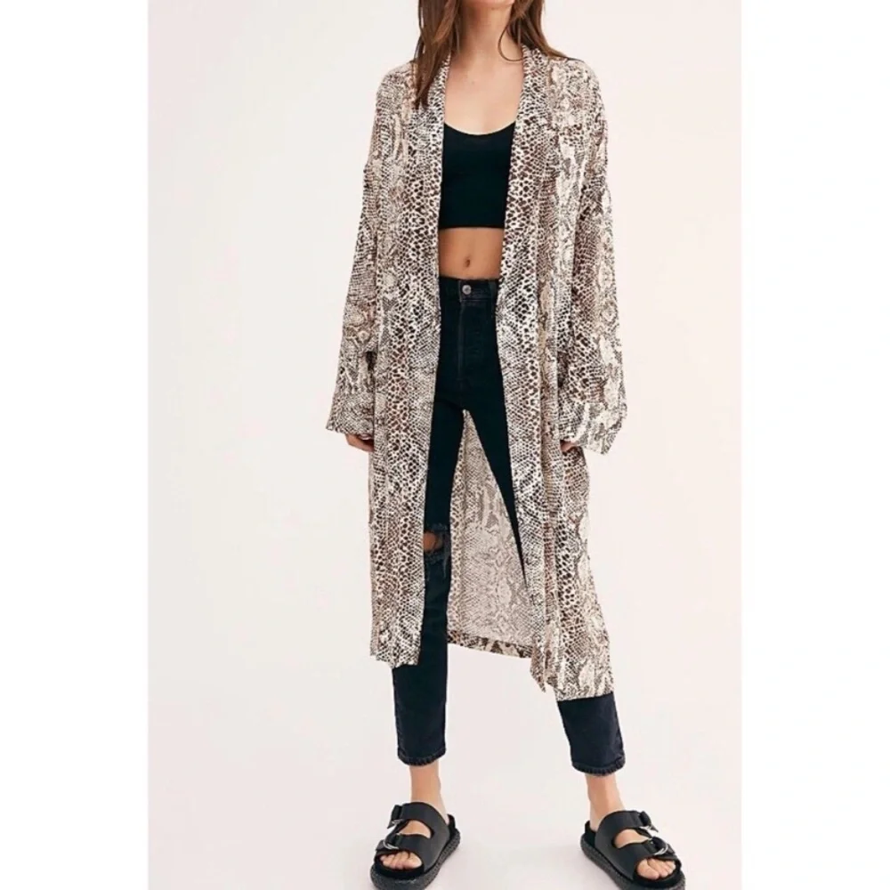 Free People Animal Print Midi Kimono Duster Cardigan Wild Nights Size Medium